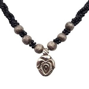 Handmade Triple Strand Black Seed Beads Silver Tribal Heart and Textured Beads